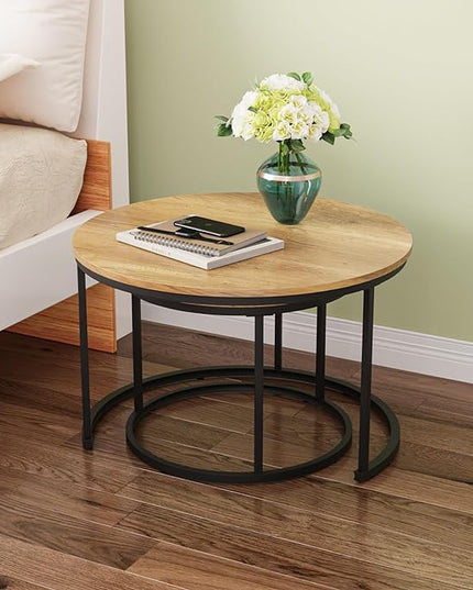 Nesting Coffee Table Set of 2, 27.6" Round Coffee Table Wood Grain Top with Adjustable Non-Slip Feet, Industrial End Table Side Tables for Living Room Bedroom Balcony Yard - LeafyLoom