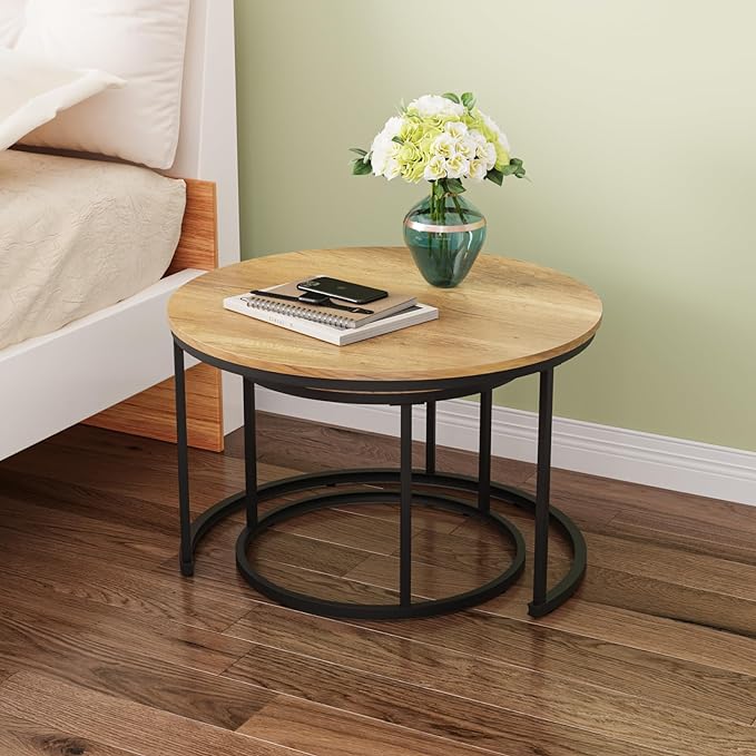 Nesting Coffee Table Set of 2, 27.6" Round Coffee Table Wood Grain Top with Adjustable Non-Slip Feet, Industrial End Table Side Tables for Living Room Bedroom Balcony Yard - LeafyLoom