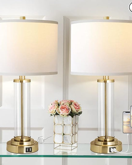 QiMH Lamps for Bedrooms Set of 2, Touch Control Table Lamps with Dual USB Ports, 3-Way Dimmable Bedside Lamp with Fabric Lampshade, Modern Nightstand Lamp for Living Room Bedroom (LED Bulbs Included) - LeafyLoom