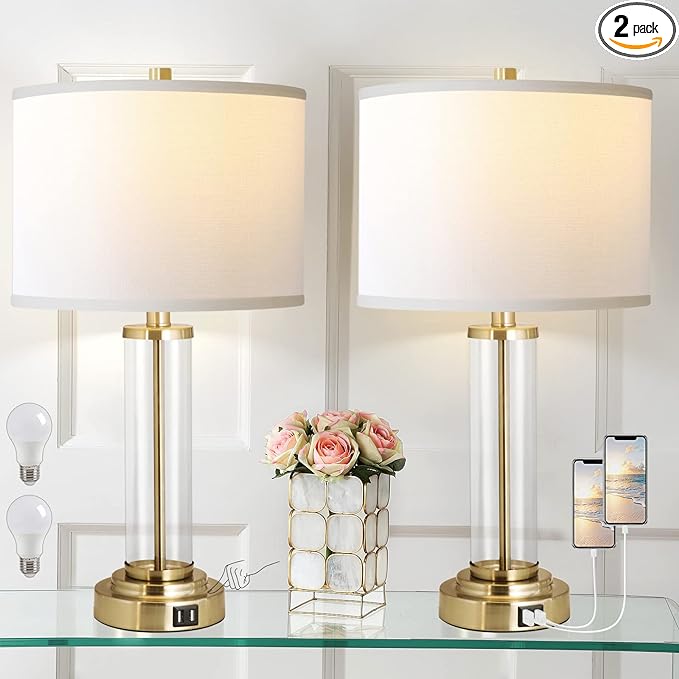 QiMH Lamps for Bedrooms Set of 2, Touch Control Table Lamps with Dual USB Ports, 3-Way Dimmable Bedside Lamp with Fabric Lampshade, Modern Nightstand Lamp for Living Room Bedroom (LED Bulbs Included) - LeafyLoom