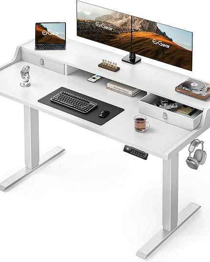 ErGear Electric Standing Desk with Drawers, 55″ x 28″ Gaming Desk with Monitor Stand, C-Clamp Mount Compatible, Home Office Height-Adjustable Desk with Storage Shelf, 4 Preset Heights, White, EGESD37W - LeafyLoom