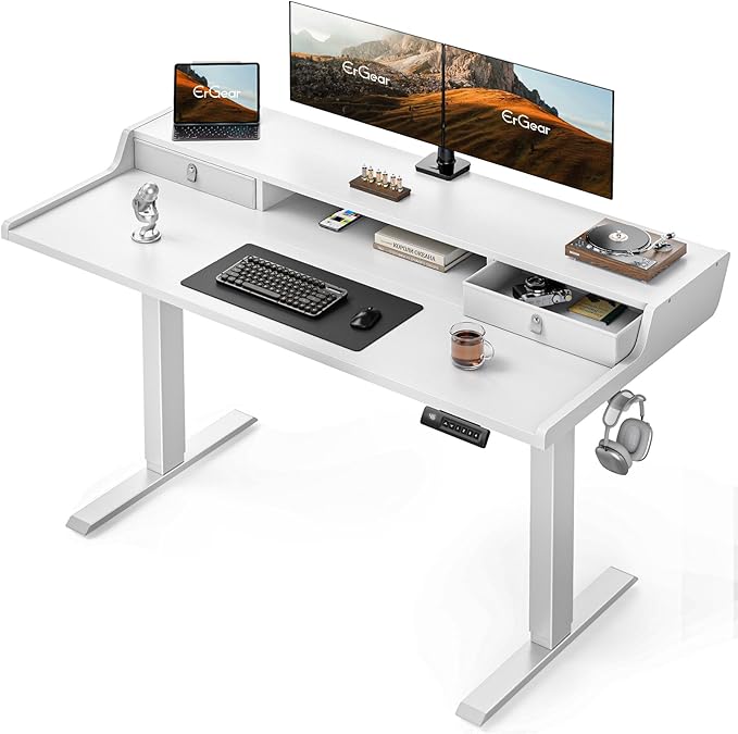 ErGear Electric Standing Desk with Drawers, 55″ x 28″ Gaming Desk with Monitor Stand, C-Clamp Mount Compatible, Home Office Height-Adjustable Desk with Storage Shelf, 4 Preset Heights, White, EGESD37W - LeafyLoom