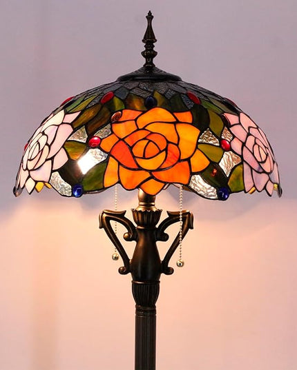 Tiffany Floor Lamp Stained Glass Standing Reading Light 16X16X66 Inch - Orange Red Rose - LeafyLoom