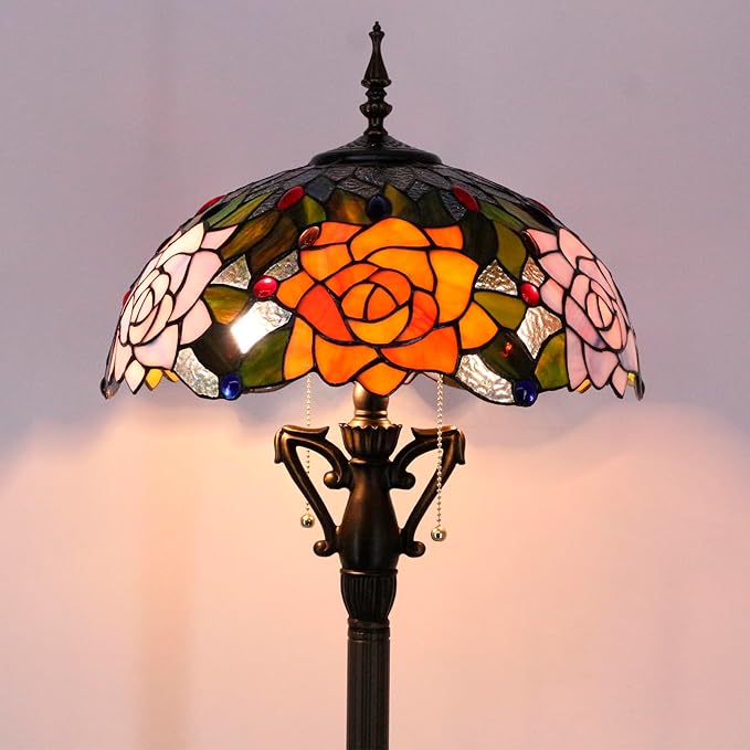 Tiffany Floor Lamp Stained Glass Standing Reading Light 16X16X66 Inch - Orange Red Rose - LeafyLoom
