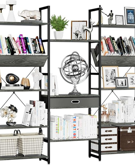 NUMENN Triple Wide 5 Tier Bookshelf, Adjustable Rustic Industrial Style Book Shelves, Modern Bookcases and Bookshelves Furniture for Bedroom, Living Room and Home Office, Dark Grey - LeafyLoom