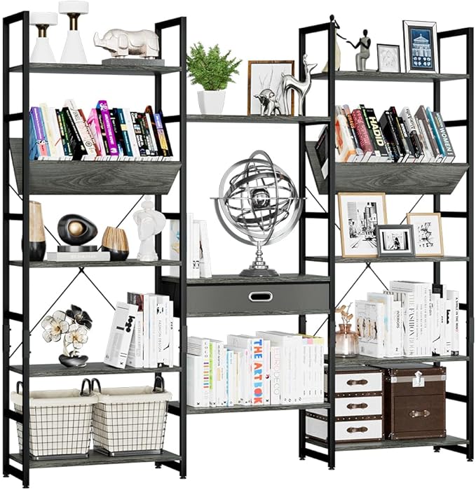 NUMENN Triple Wide 5 Tier Bookshelf, Adjustable Rustic Industrial Style Book Shelves, Modern Bookcases and Bookshelves Furniture for Bedroom, Living Room and Home Office, Dark Grey - LeafyLoom
