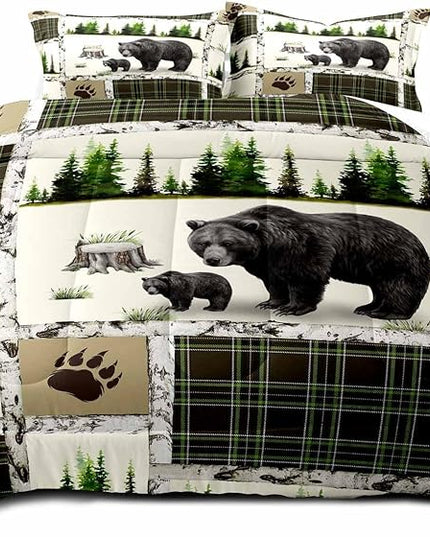 LUVIVIHOME 2PCS Rustic Cabin Bedding, Black Bear Comforter Set Twin Size, Country Lodge Farmhouse Forest Animal Wildlife Hunting Log Cabin Bedroom Decor, Green Plaid Patchwork Quilt, 1 Pillow Sham - LeafyLoom