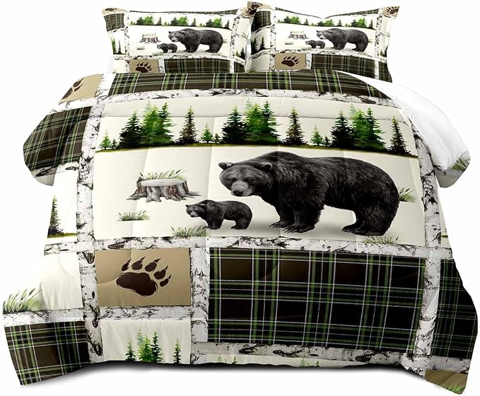 LUVIVIHOME 2PCS Rustic Cabin Bedding, Black Bear Comforter Set Twin Size, Country Lodge Farmhouse Forest Animal Wildlife Hunting Log Cabin Bedroom Decor, Green Plaid Patchwork Quilt, 1 Pillow Sham - LeafyLoom