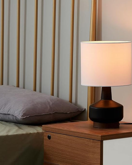 Globe Electric 61000046 15" Ceramic Table Lamp, Matte Black, Wood Toned Base, White Linen Shade, On/Off Rotary Switch on Socket, Living Room, Home Décor, Bedroom - LeafyLoom