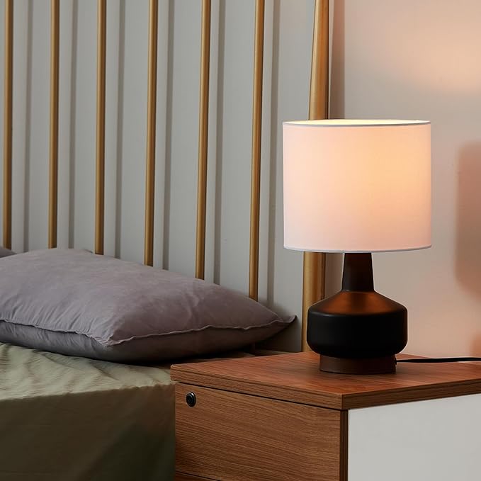 Globe Electric 61000046 15" Ceramic Table Lamp, Matte Black, Wood Toned Base, White Linen Shade, On/Off Rotary Switch on Socket, Living Room, Home Décor, Bedroom - LeafyLoom