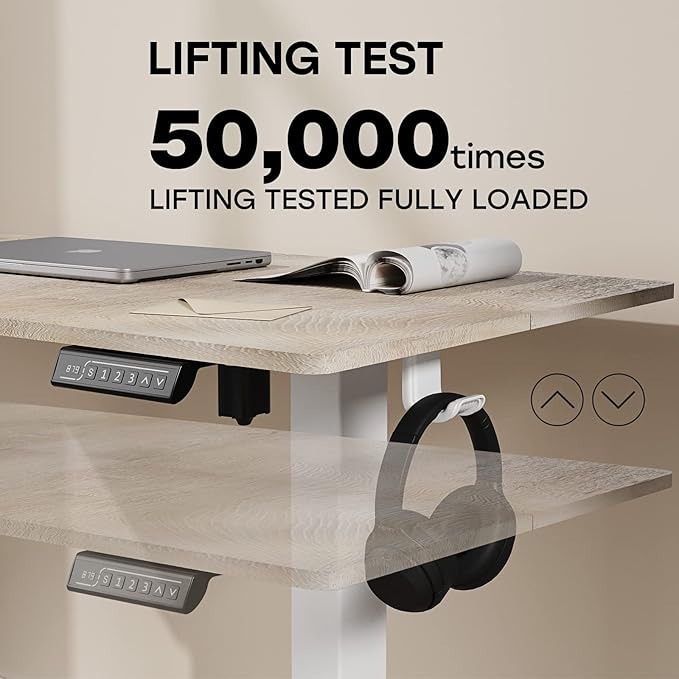 Electric Standing Desk, 48 X 24 Inches Adjustable Height Desk, Modern Sit Stand Up Desk with Splice Board and 2 Hooks, Ergonomic Rising Desk for Home Office, Oak Wood Grain - LeafyLoom