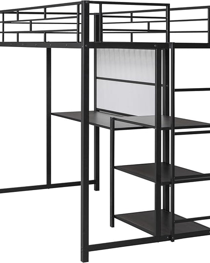 RITSU Twin Size Loft Bed, Heavy Duty Metal Bedframe with Desk and Whiteboard, 3 Big Shelves The Storage Space, Sturdy Construction, for Children's Room, Teens, Black - LeafyLoom
