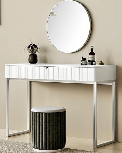 White Vanity Desk with 2 Drawers, Silver and White Desk,Home Office Desk Modern Makeup Vanity Table with Glossy Desktop,Writing Computer Standing Desk with Wood Top and Metal Legs - LeafyLoom