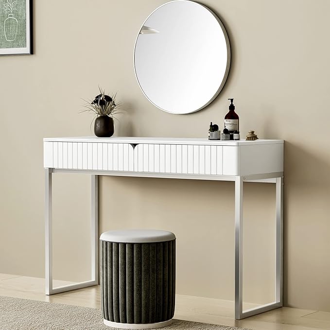 White Vanity Desk with 2 Drawers, Silver and White Desk,Home Office Desk Modern Makeup Vanity Table with Glossy Desktop,Writing Computer Standing Desk with Wood Top and Metal Legs - LeafyLoom