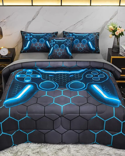 6Pcs Game Console Comforter Set with Sheets for Boys Girls Kids Teens, Geometric Gaming Themed Bed in A Bag Twin Size, Blue 3D Video Gamer Controller Bedroom Decor Bedding Set - LeafyLoom
