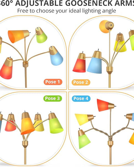 FOLKSMATE LED Floor Lamp, Medusa Multi Head Modern Tall Standing Lamps, Adjustable Corner Reading Floor Light for Living Room, Bedroom, Kids Room, White and Colored Lampshades, Brass Gold - LeafyLoom