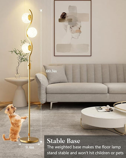 Lightdot Dimmable Brass Crystal Floor Lamp, Gold Standing Lamps for Living Room, 3PCS 3000K G9 Bulbs Included, Mid Century Modern Globe Floor Lamp for Bedroom Home Decor - LeafyLoom