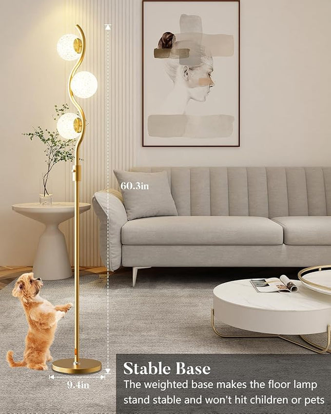 Lightdot Dimmable Brass Crystal Floor Lamp, Gold Standing Lamps for Living Room, 3PCS 3000K G9 Bulbs Included, Mid Century Modern Globe Floor Lamp for Bedroom Home Decor - LeafyLoom