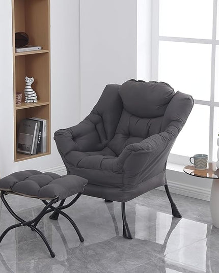 Lazy Chair with Ottoman, Modern Soft Reading Chair Accent Contemporary Lounge Leisure Sofa Chair with Armrests and a Side Pocket for Living Room, Bedroom, Dorm & Office, Dark Grey - LeafyLoom