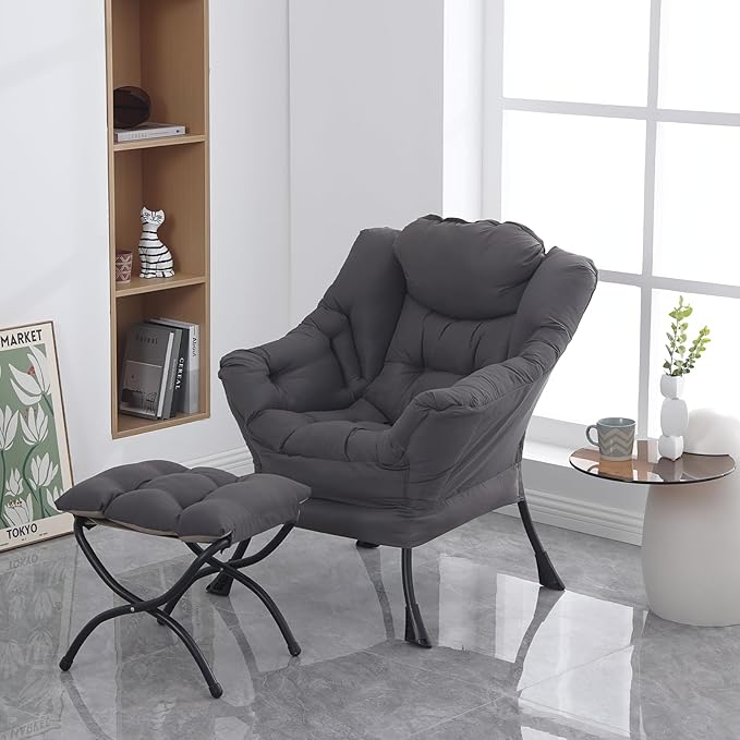 Lazy Chair with Ottoman, Modern Soft Reading Chair Accent Contemporary Lounge Leisure Sofa Chair with Armrests and a Side Pocket for Living Room, Bedroom, Dorm & Office, Dark Grey - LeafyLoom