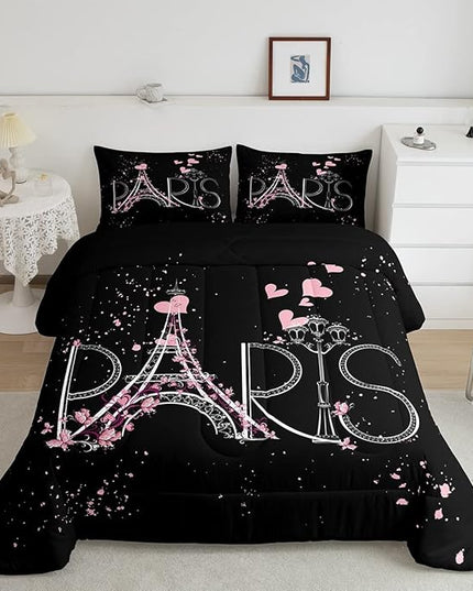 Eiffel Tower Comforter Set Chic Paris Bedding Set Romantic Theme Comforter for Boys Girls Children Teens Black Pink Bedroom Decor Modern French Style Duvet Set Queen Size with 2 Pillow Case - LeafyLoom