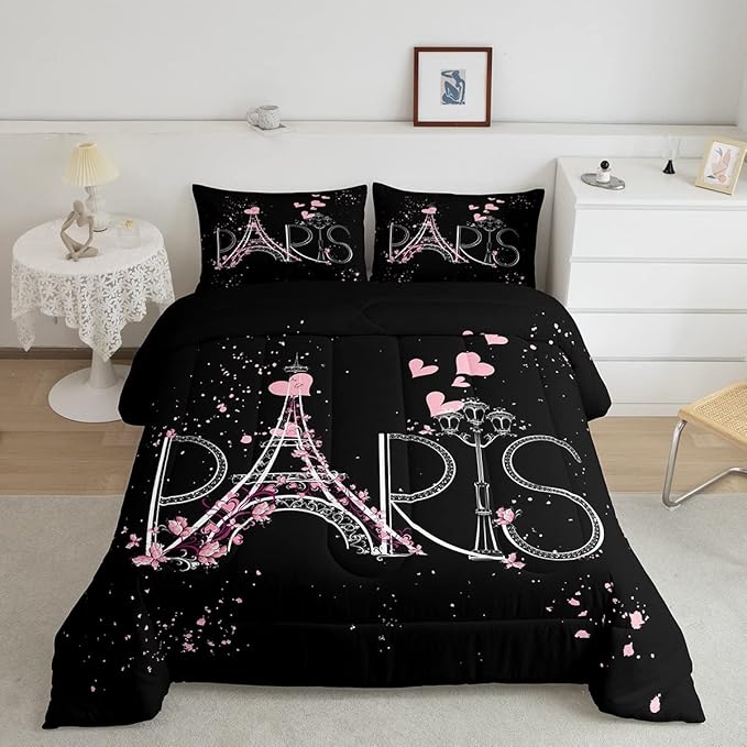 Eiffel Tower Comforter Set Chic Paris Bedding Set Romantic Theme Comforter for Boys Girls Children Teens Black Pink Bedroom Decor Modern French Style Duvet Set Queen Size with 2 Pillow Case - LeafyLoom