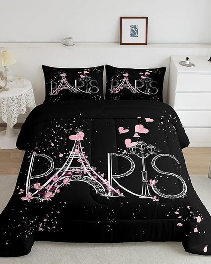 Eiffel Tower Comforter Set Chic Paris Bedding Set Romantic Theme Comforter for Boys Girls Children Teens Black Pink Bedroom Decor Modern French Style Duvet Set King Size with 2 Pillow Case - LeafyLoom