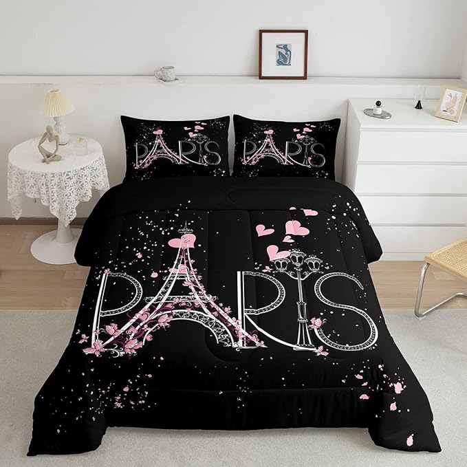 Eiffel Tower Comforter Set Chic Paris Bedding Set Romantic Theme Comforter for Boys Girls Children Teens Black Pink Bedroom Decor Modern French Style Duvet Set King Size with 2 Pillow Case - LeafyLoom