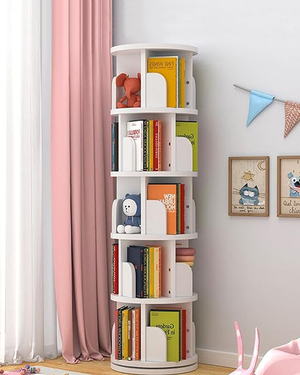 5 Tier Rotating Bookshelf 360° Revolving Bookcase Modern Tall Book Shelf Storage Display Rack Floor Standing Shelves with Baffle for Home Living Room Study Office White 63''X18''X18'' - LeafyLoom