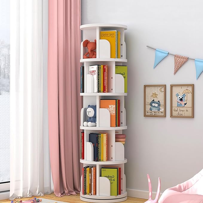 5 Tier Rotating Bookshelf 360° Revolving Bookcase Modern Tall Book Shelf Storage Display Rack Floor Standing Shelves with Baffle for Home Living Room Study Office White 63''X18''X18'' - LeafyLoom