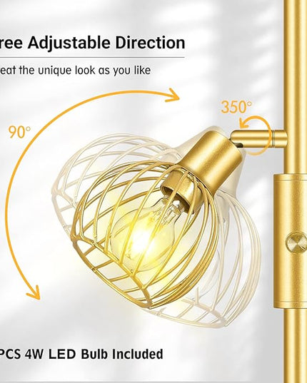 Gold Floor Lamp, Industrial Floor Lamp, Modern Standing lamp with 3 Adjustable Light, 4W E12 LED Bulbs, Metal Stand Up Lamps, Vintage Farmhouse Tree Floor Lamps for Living Room/Bedroom/Office - LeafyLoom