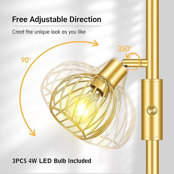 Gold Floor Lamp, Industrial Floor Lamp, Modern Standing lamp with 3 Adjustable Light, 4W E12 LED Bulbs, Metal Stand Up Lamps, Vintage Farmhouse Tree Floor Lamps for Living Room/Bedroom/Office - LeafyLoom