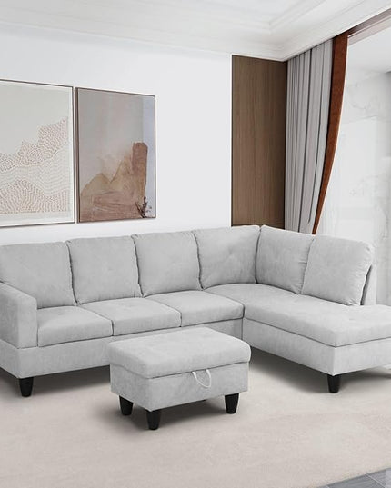 ROOMTEC 3 Piece L Shape Sectional Sofa Set, Upholstered Corner Couch with Storage Ottoman & Right Chaise Lounge, Flannelette Tufted Cushions, for Living Room, Apartment, Grey White - LeafyLoom