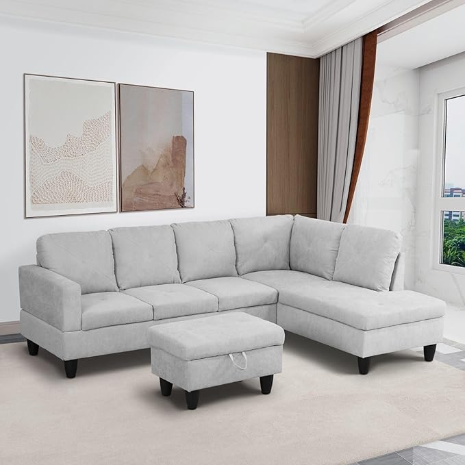 ROOMTEC 3 Piece L Shape Sectional Sofa Set, Upholstered Corner Couch with Storage Ottoman & Right Chaise Lounge, Flannelette Tufted Cushions, for Living Room, Apartment, Grey White - LeafyLoom