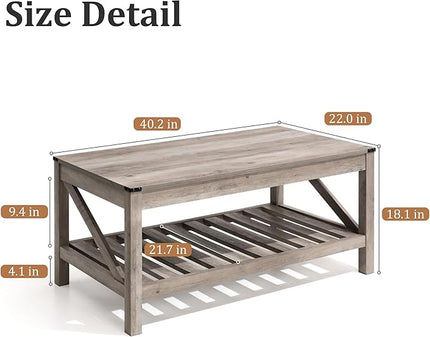 Farmhouse Coffee Table with 2-Tier Shelves - Rectangular Coffee Table with Storage for Living Room, Wood Coffee Table with Sturdy Frame, Washed Grey - LeafyLoom
