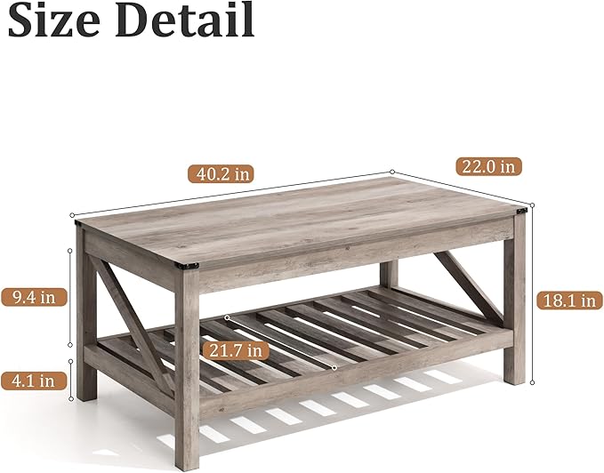 Farmhouse Coffee Table with 2-Tier Shelves - Rectangular Coffee Table with Storage for Living Room, Wood Coffee Table with Sturdy Frame, Washed Grey - LeafyLoom