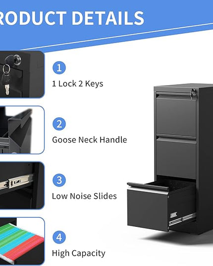 Vertical File Cabinet with Drawers, 3 Drawer File Cabinet for Home Office, Locking File Cabinet Hanging Files for A4/ Legal/Letter, Black - LeafyLoom
