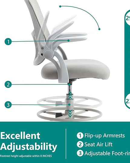 SMUG Drafting Chair, Tall Office Chair Tall Standing Desk Chair Counter Height Adjustable Office Chair with Flip-up Arms, Mid Back Mesh Office Drafting Chair, Grey - LeafyLoom