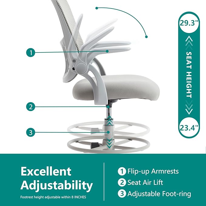 SMUG Drafting Chair, Tall Office Chair Tall Standing Desk Chair Counter Height Adjustable Office Chair with Flip-up Arms, Mid Back Mesh Office Drafting Chair, Grey - LeafyLoom