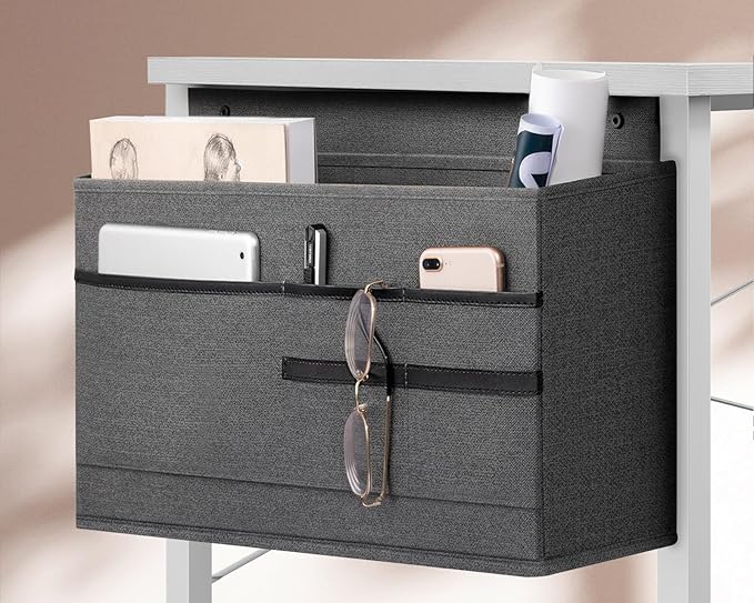 KKL Small Desk with Power Outlets and USB Port Computer Desk for Home Office Gaming Simple Modern Style Writing Desks with Storage Bag Headphone Hook, 40 inch, White - LeafyLoom