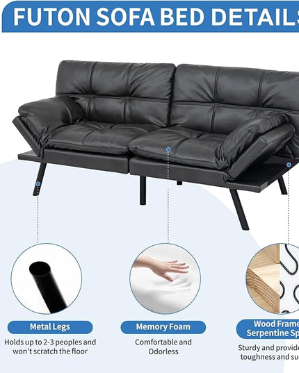 MUUEGM Faux Leather Futon Sofa Bed, Convertible Memory Foam Couch Bed, Modern Love Seat for Living Room,Compact Space,Apartment,Office,Adjustable Backrests Armrests Couch Sleeper,71" Matte Black - LeafyLoom
