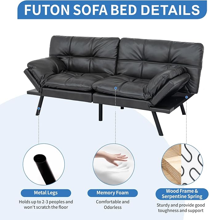 MUUEGM Faux Leather Futon Sofa Bed, Convertible Memory Foam Couch Bed, Modern Love Seat for Living Room,Compact Space,Apartment,Office,Adjustable Backrests Armrests Couch Sleeper,71" Matte Black - LeafyLoom