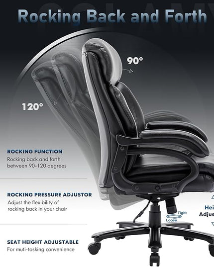 Big and Tall Office Chair 400lbs-Heavy Duty Executive Desk Chair with Extra Wide Seat, High Back Ergonomic Leather Computer Chair with Tilt Rock, Padded Armrests-Black - LeafyLoom