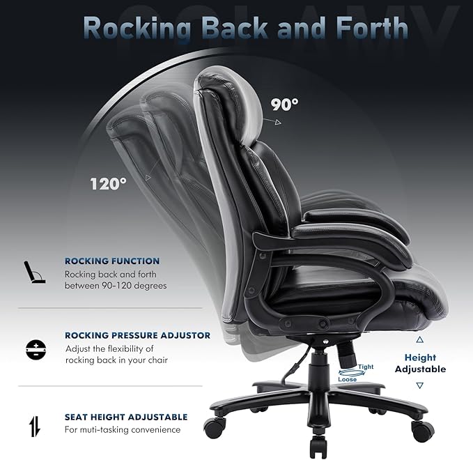 Big and Tall Office Chair 400lbs-Heavy Duty Executive Desk Chair with Extra Wide Seat, High Back Ergonomic Leather Computer Chair with Tilt Rock, Padded Armrests-Black - LeafyLoom