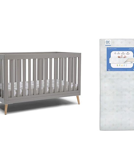 Delta Children Essex 4-in-1 Convertible Baby Crib, Grey with Natural Legs + Delta Children Twinkle Galaxy Dual Sided Recycled Fiber Core Crib and Toddler Mattress (Bundle) - LeafyLoom