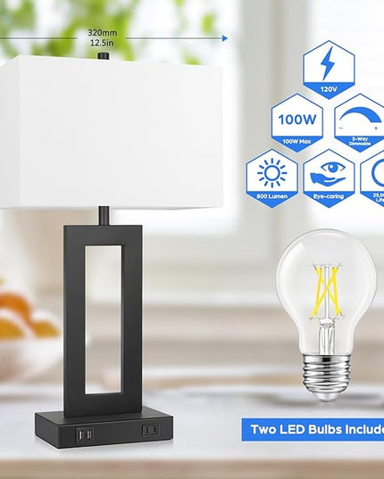 Set of 2 Modern Touch Control Table Lamps with 2 USB Ports, 22’’ Large Bedside Nightstand Lamps 3-Way Dimmable Desk Lamp With White Fabric Shade For Bedrooms Living Room Reading, 2 LED Bulbs Included - LeafyLoom
