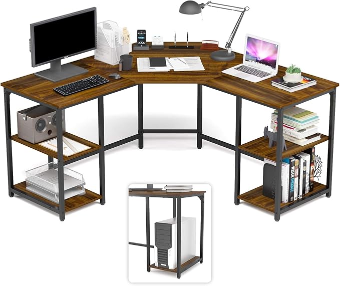 Elephance L-Shaped Desk with Shelves, Computer Corner Desk, Home Office Writing Workstation, Gaming Desk PC Laptop Table with Storage - LeafyLoom