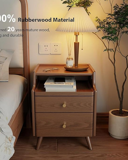 Solid Wood Nightstand, Nightstand with Drawers, Walnut Bedside Table for Bedroom - LeafyLoom