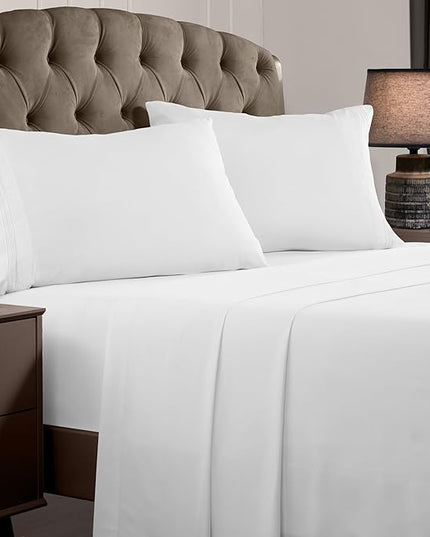 Mellanni Queen Sheets Set - 4 PC Iconic Collection Bedding Sheets & Pillowcases - Hotel Luxury, Extra Soft, Cooling Bed Sheets - Deep Pocket up to 16 inch (Queen, White) - LeafyLoom