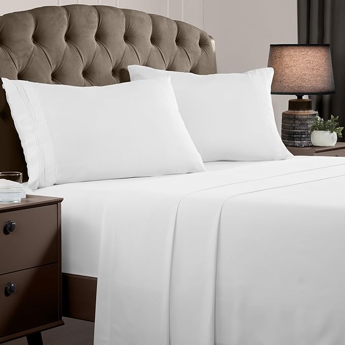 Mellanni Queen Sheets Set - 4 PC Iconic Collection Bedding Sheets & Pillowcases - Hotel Luxury, Extra Soft, Cooling Bed Sheets - Deep Pocket up to 16 inch (Queen, White) - LeafyLoom